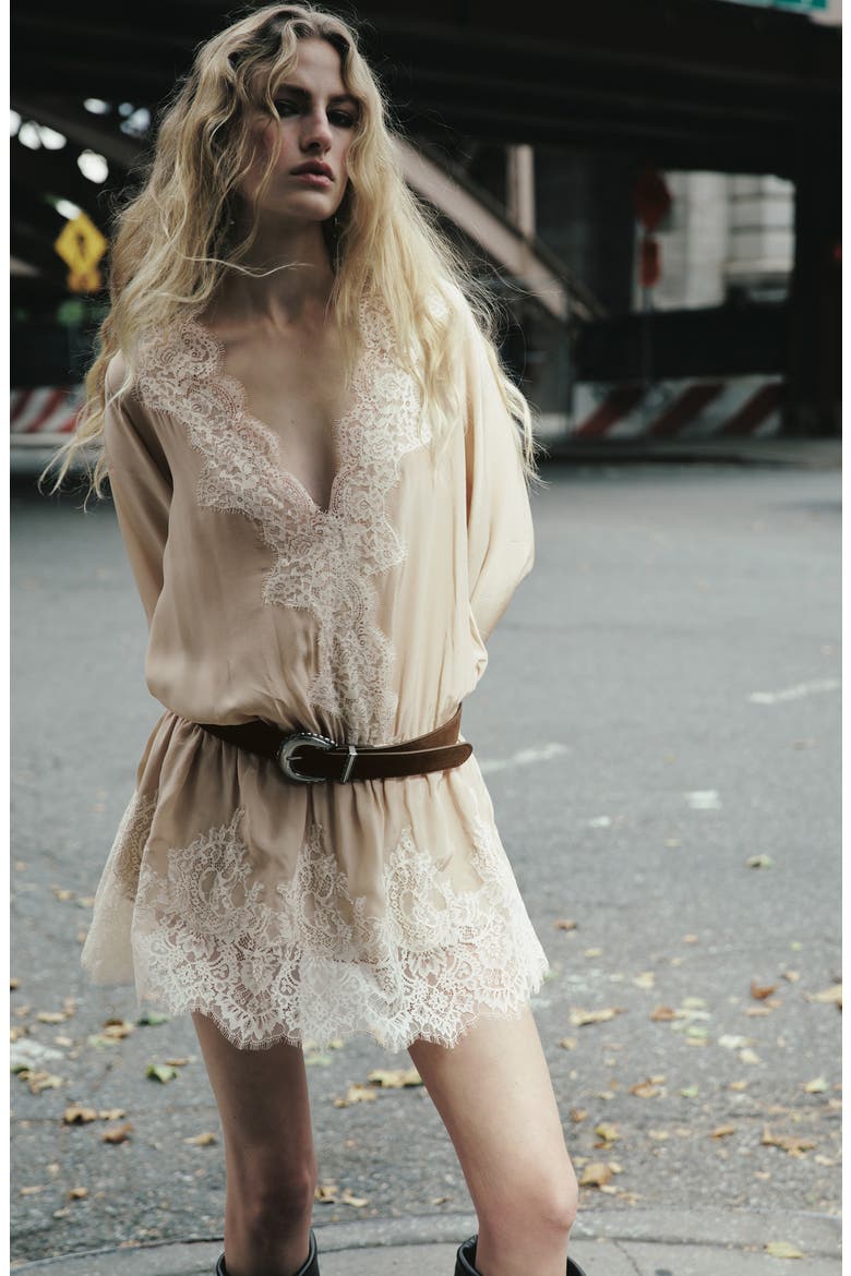 Lace Trim Long Sleeve Minidress, Alternate, color, BEIGE
