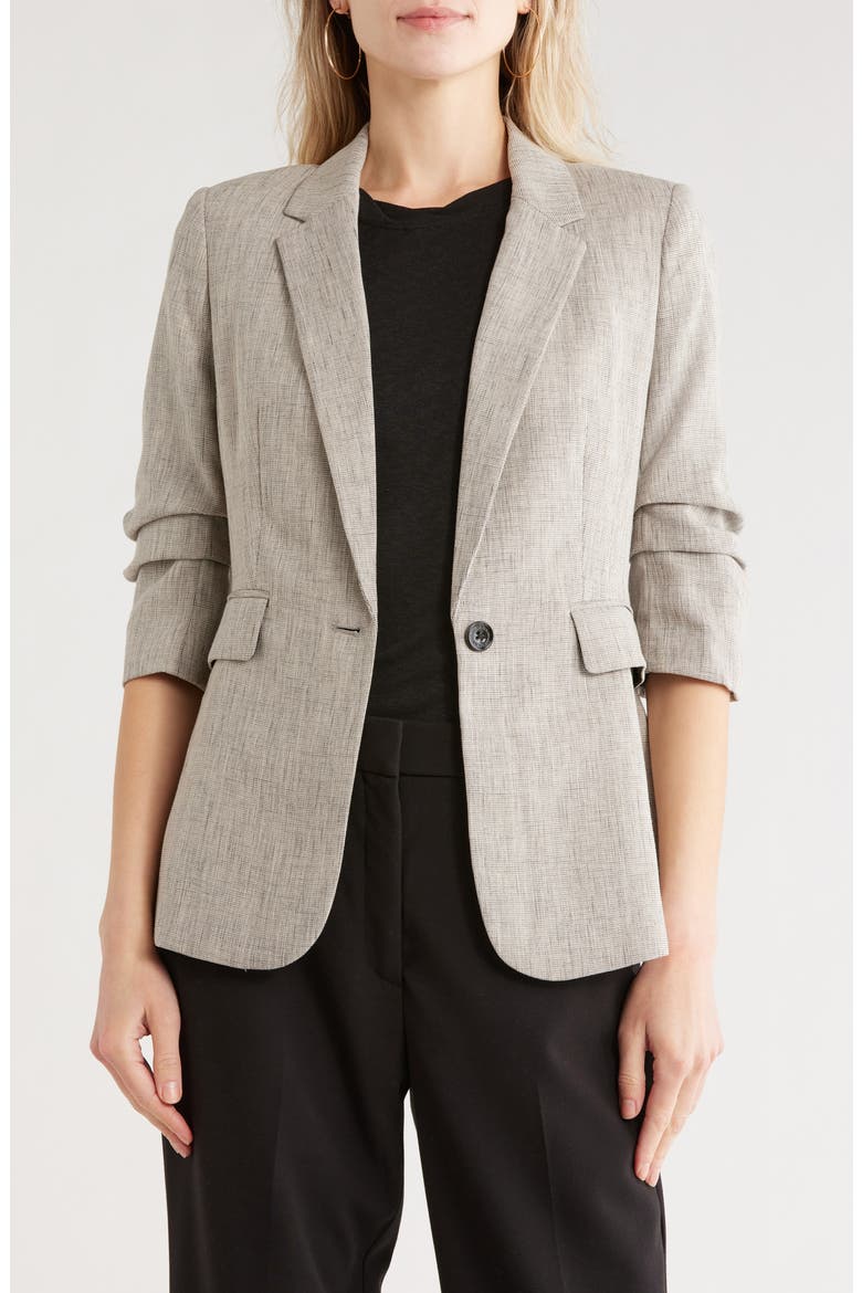 Ruched Sleeve Blazer, Main, color, BLACK/ COCONUT