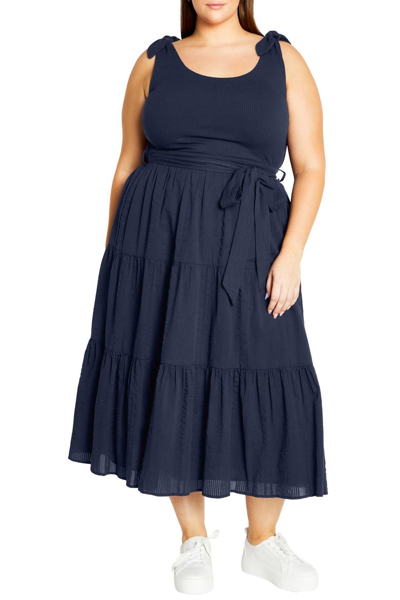 Hallie Mixed Media Tiered Midi Dress, Main, color, NAVY