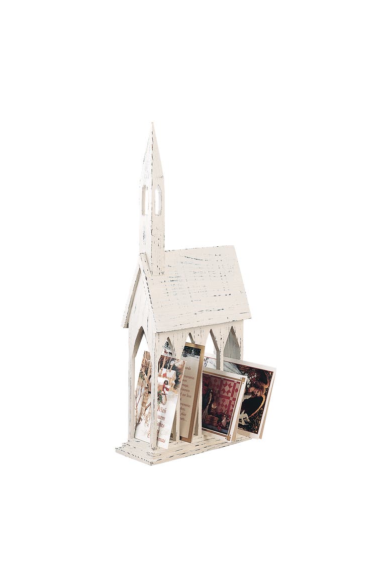 White Church Chapel Large Christmas Card Distressed Wood Mail Holder 11" x 24", Main, color, Off-White