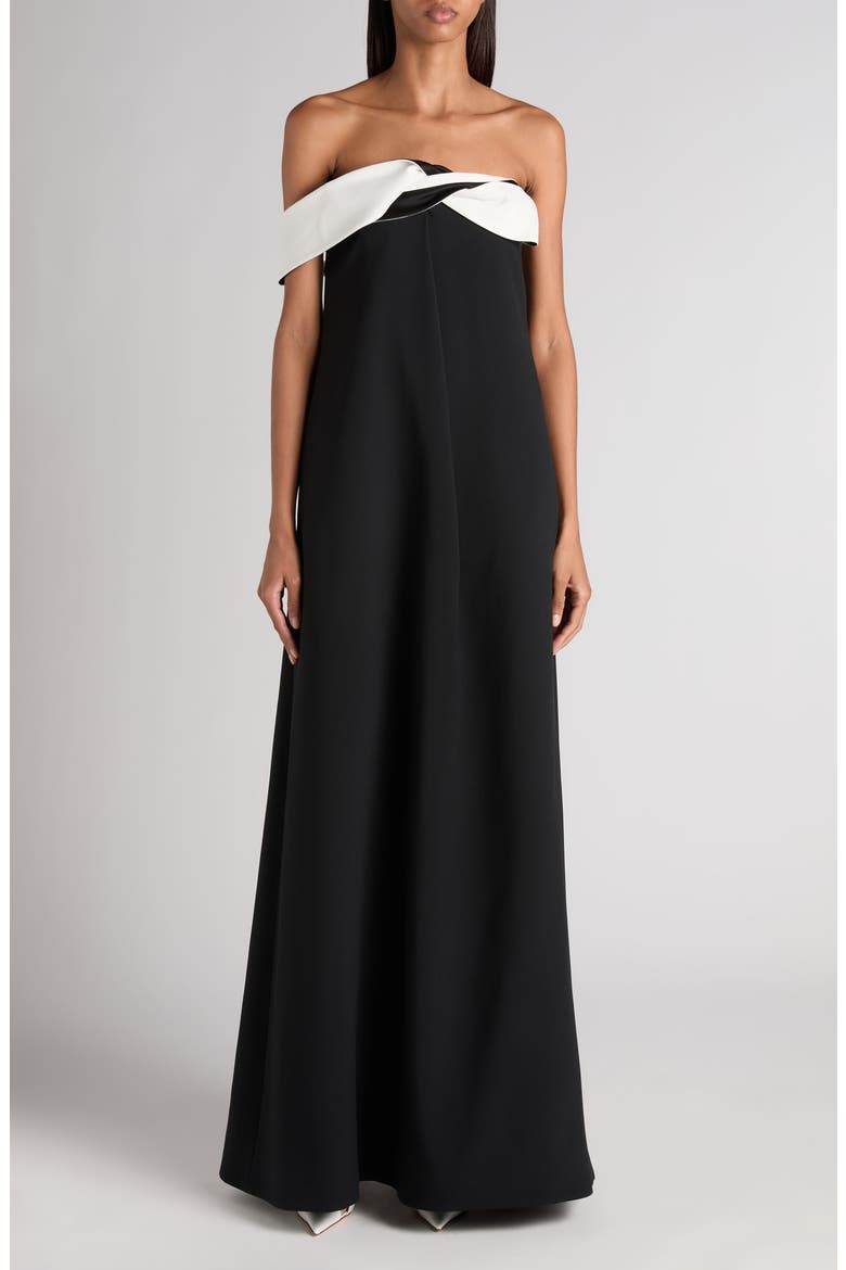 Contrast Draped Neck Crepe Gown, Main, color, BLACK/ OFF WHITE