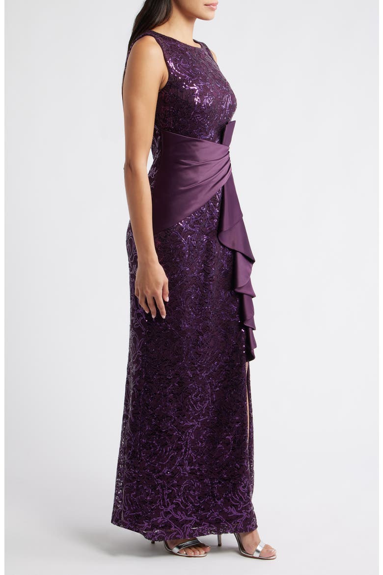 Sequin Ruffle Sleeveless Lace Trumpet Gown, Alternate, color, PLUM