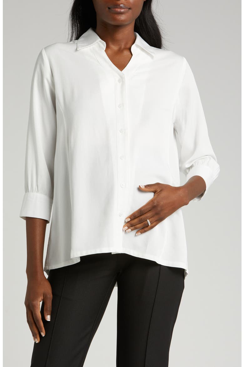 Women's Petite No-Gap 3/4 Sleeve Maternity & Nursing Button Down Shirt in with Bra Concealing Design in TENCEL, Main, color, WHITE