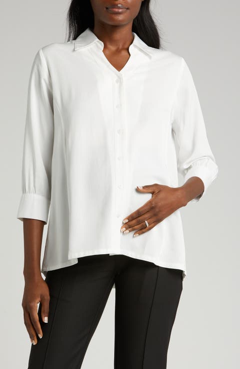 Women's Petite No-Gap 3/4 Sleeve Maternity & Nursing Button Down Shirt in with Bra Concealing Design in TENCEL