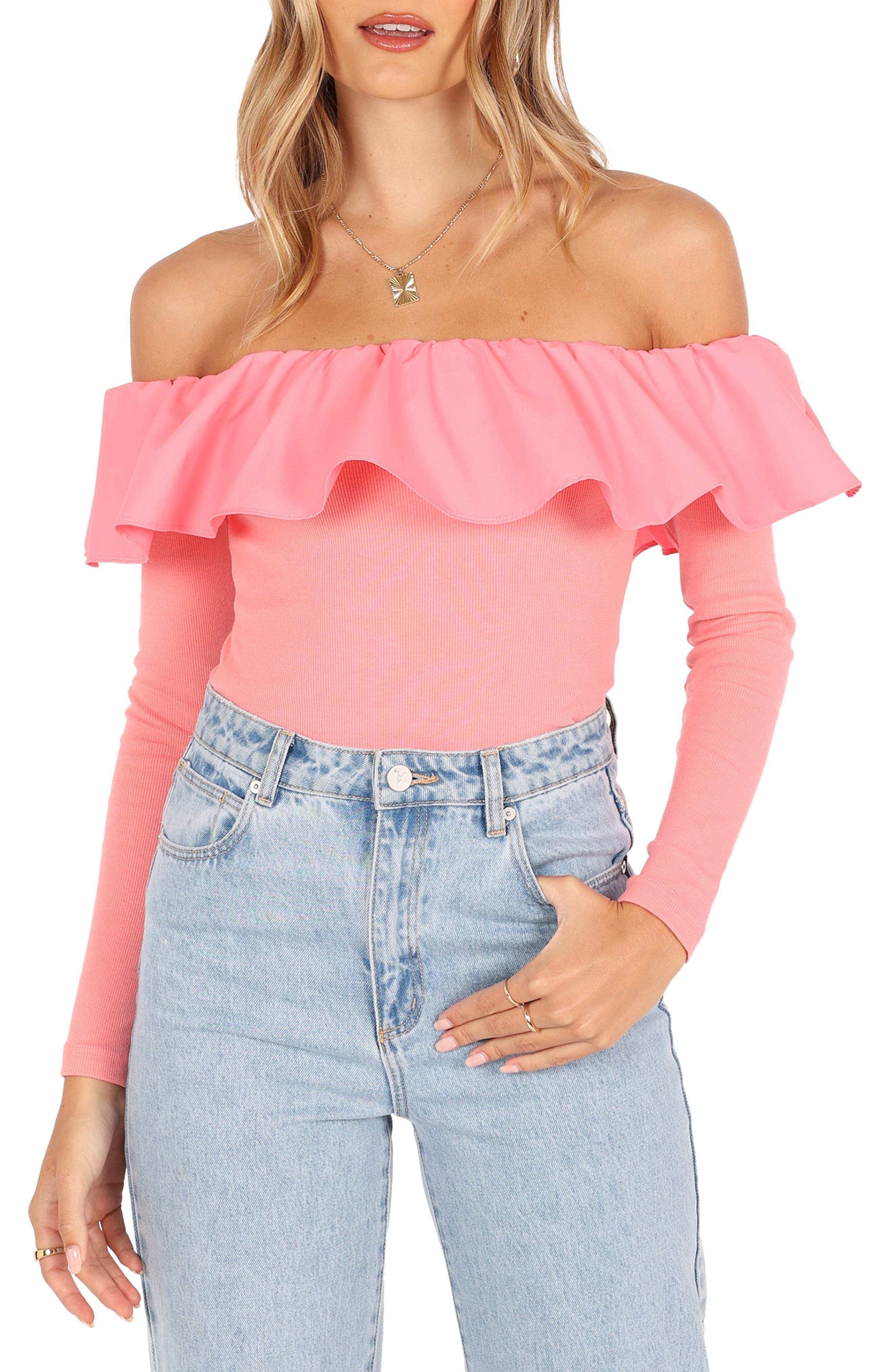 pink shoulderless top