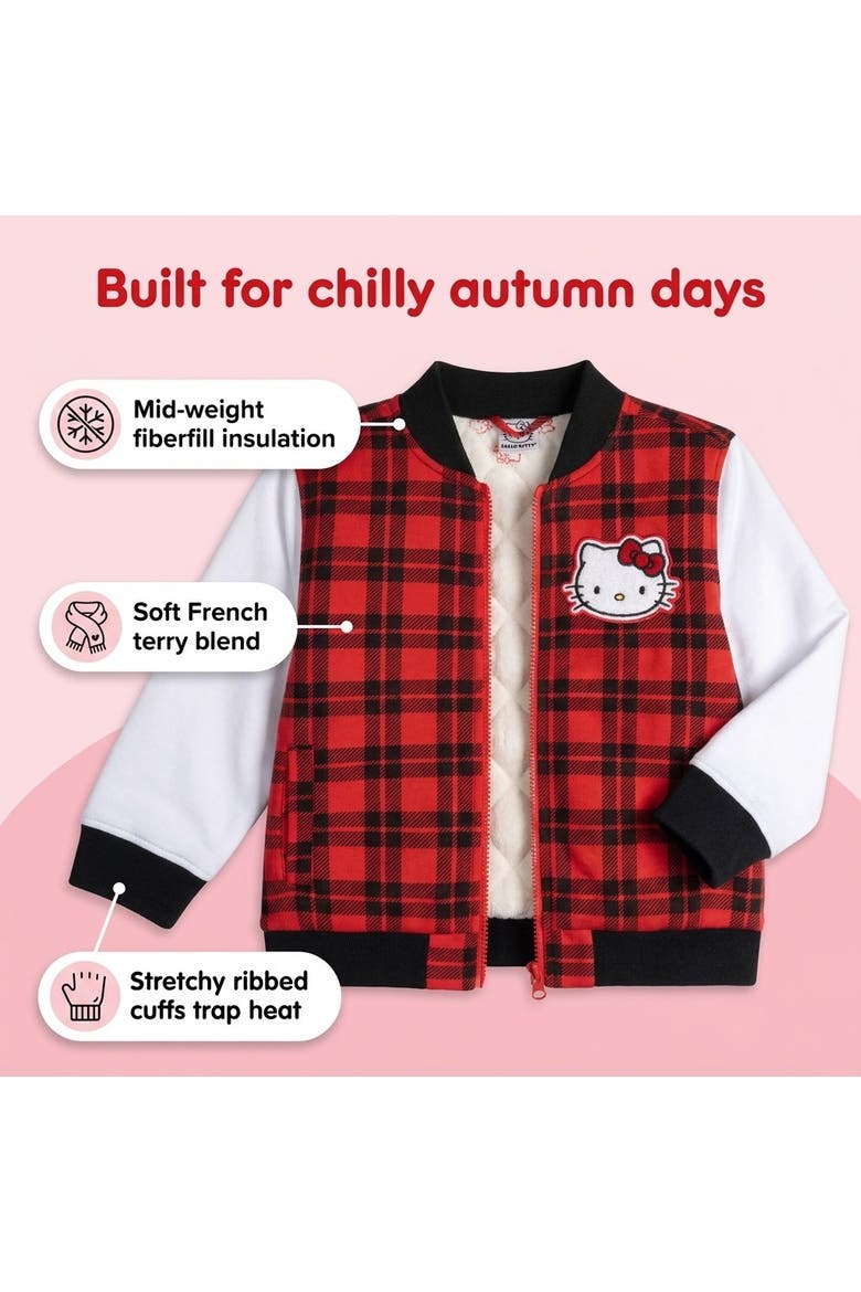 Varsity Bomber Jacket, Alternate, color, Hello Kitty Red Plaid