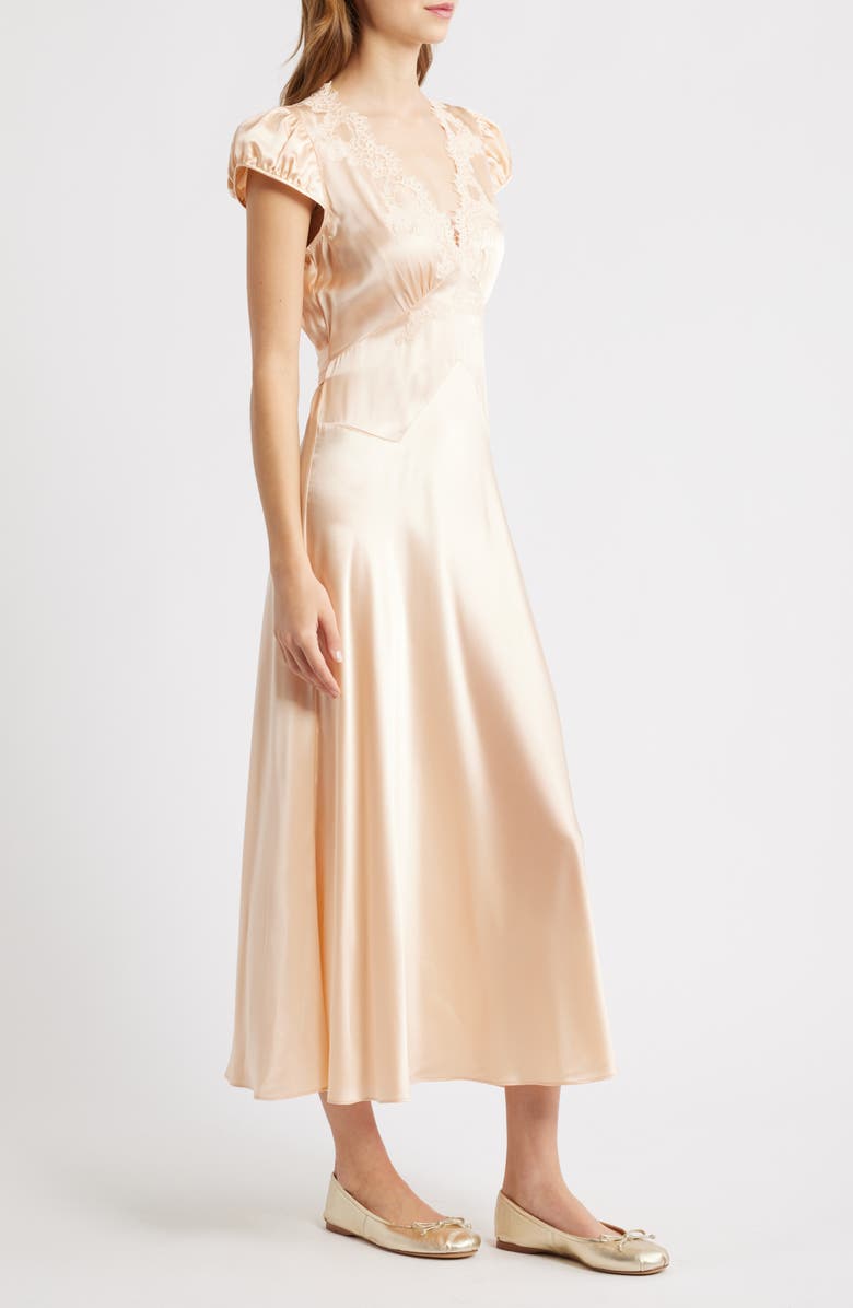 DÔEN Coraline Lace Trim Silk Satin Midi Dress, Alternate, color, Peach Sorbet