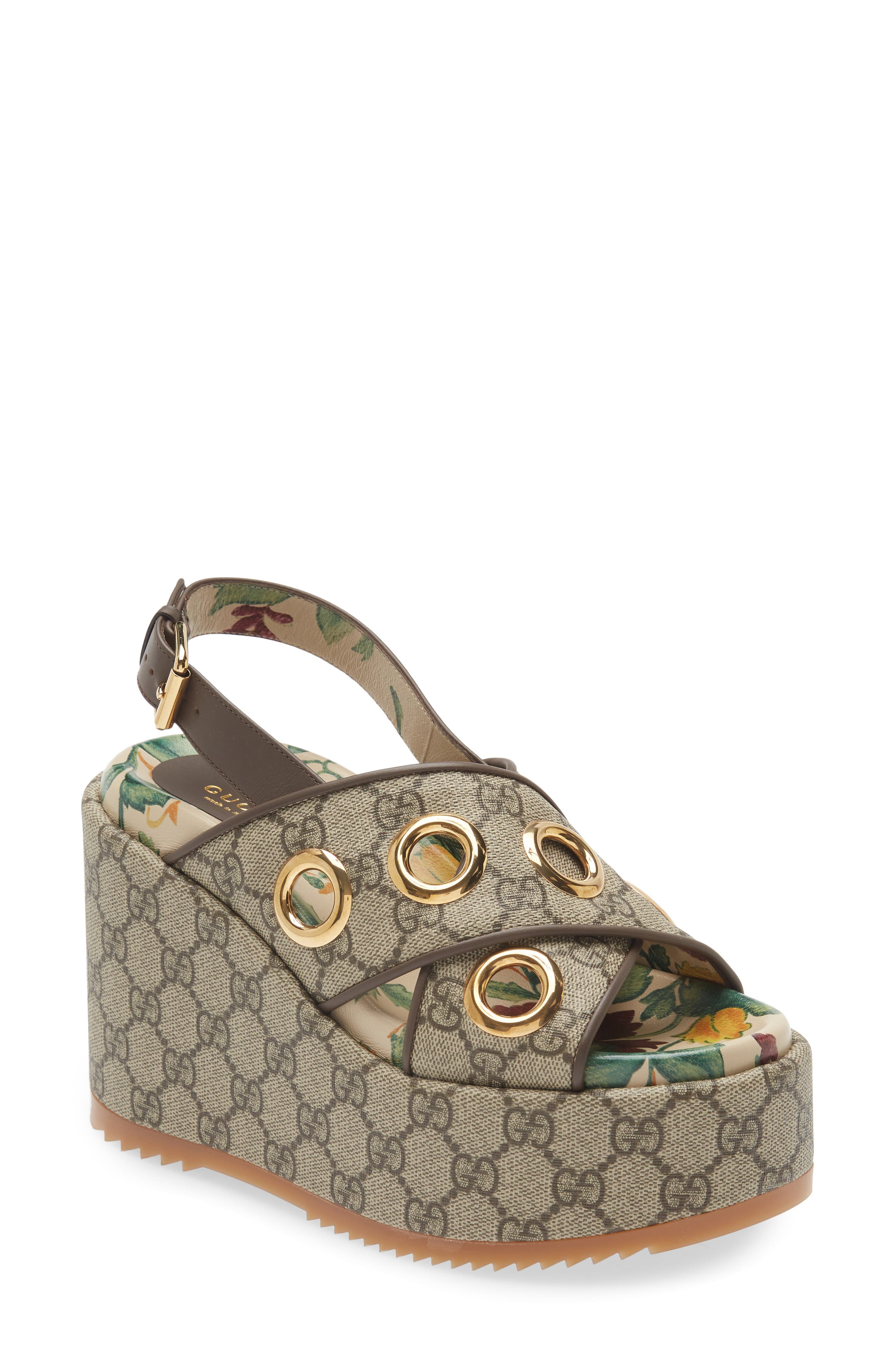 Gucci Angelina GG Logo Eyelet Platform Wedge Sandal, Main, color, Beige-Ebony
