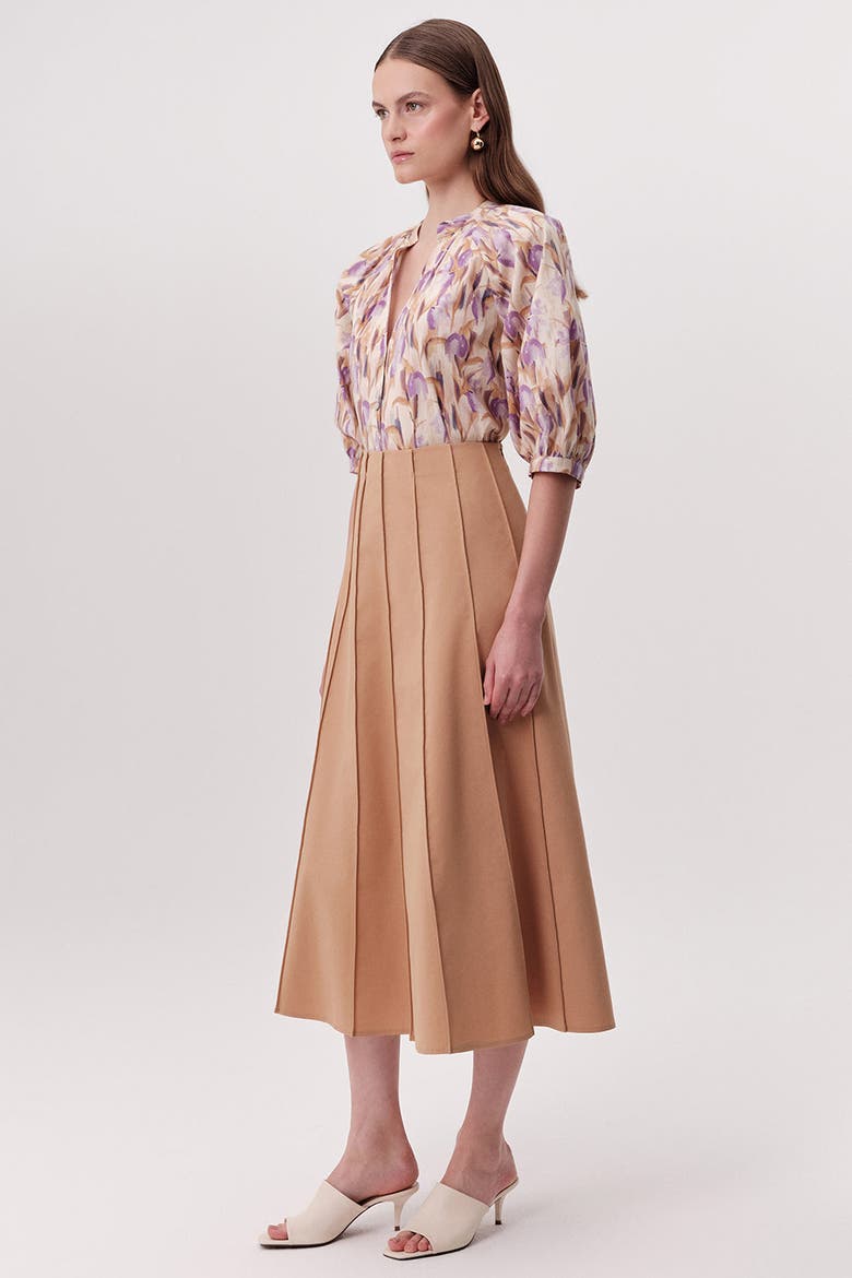 Karlie Fitted Multi Panel Flared Midi Skirtt, Alternate, color, Camel