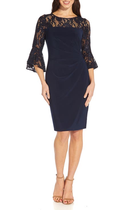 Bell Sleeve Sequin Lace & Jersey Sheath Dress