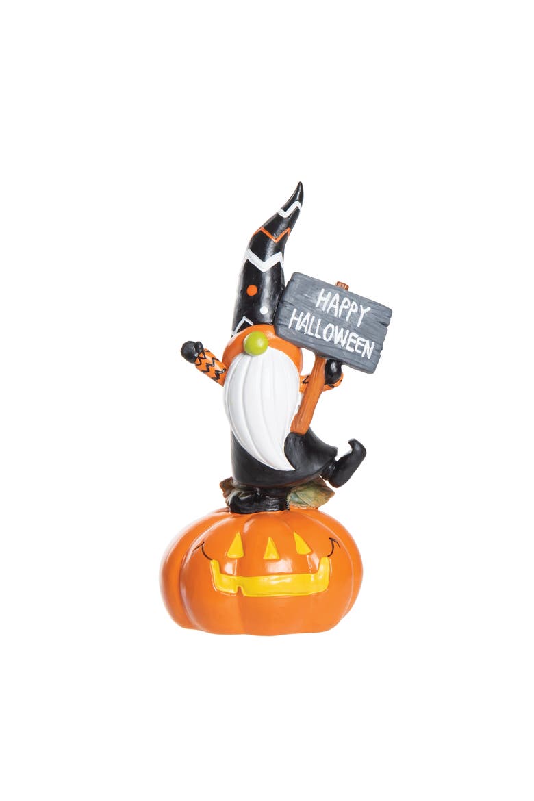 Gnome Standing on Jack O' Lantern "Happy Halloween" Small Figurine, 7", Main, color, Orange