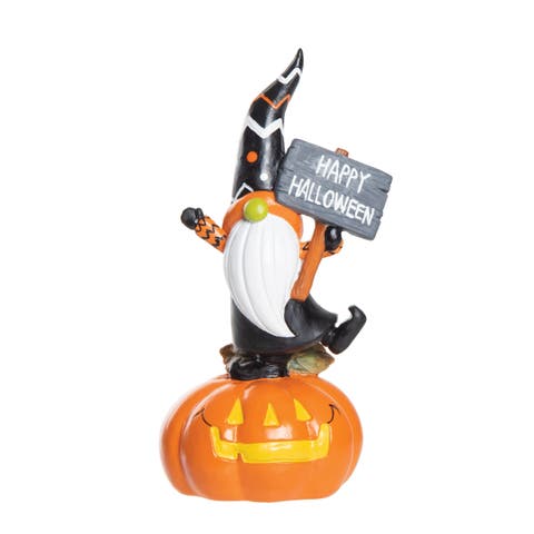 Gnome Standing on Jack O' Lantern "Happy Halloween" Small Figurine, 7"