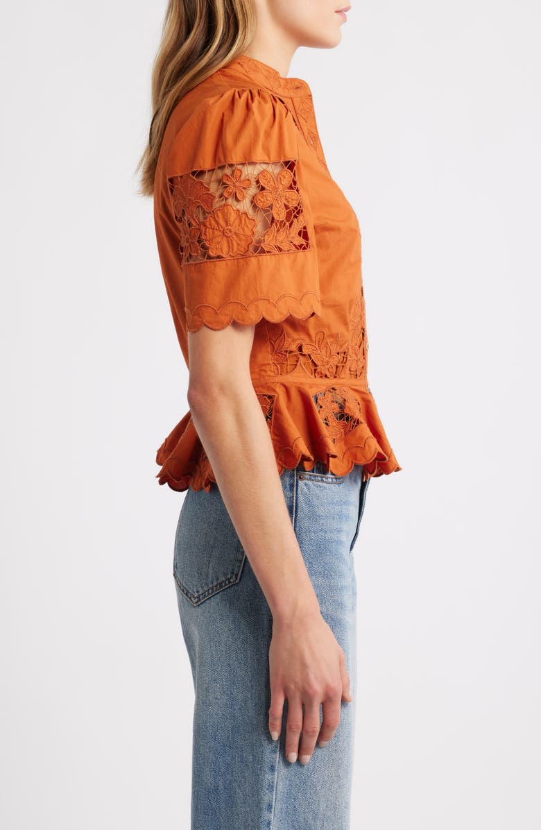LOVE THE LABEL Elizabeth Openwork Lace Short Sleeve Button-Up Shirt, Alternate, color, Cinnamon