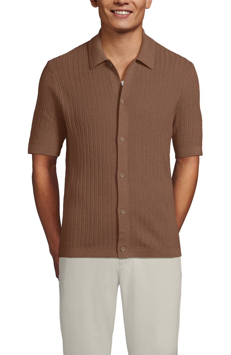 Lands' End Short Sleeve Lightweight Button Through Polo, Main, color, Dark Jute Brown