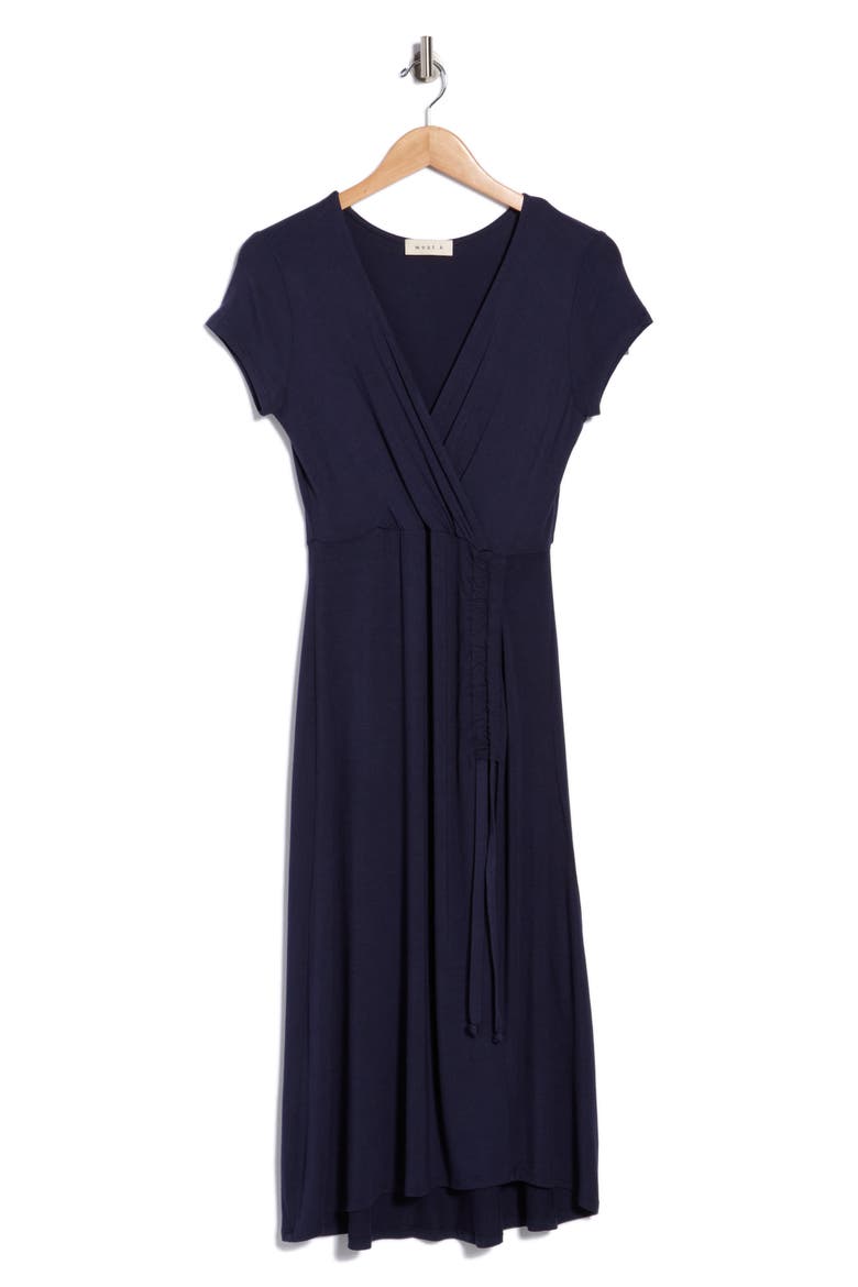 Ruched Wrap Midi Dress, Alternate, color, NAVY