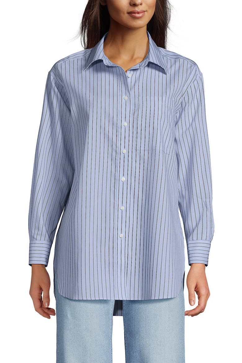 No Iron Oversized Poplin Extra Long Tunic, Alternate, color, Misty Blue/Deep Sea Stripes