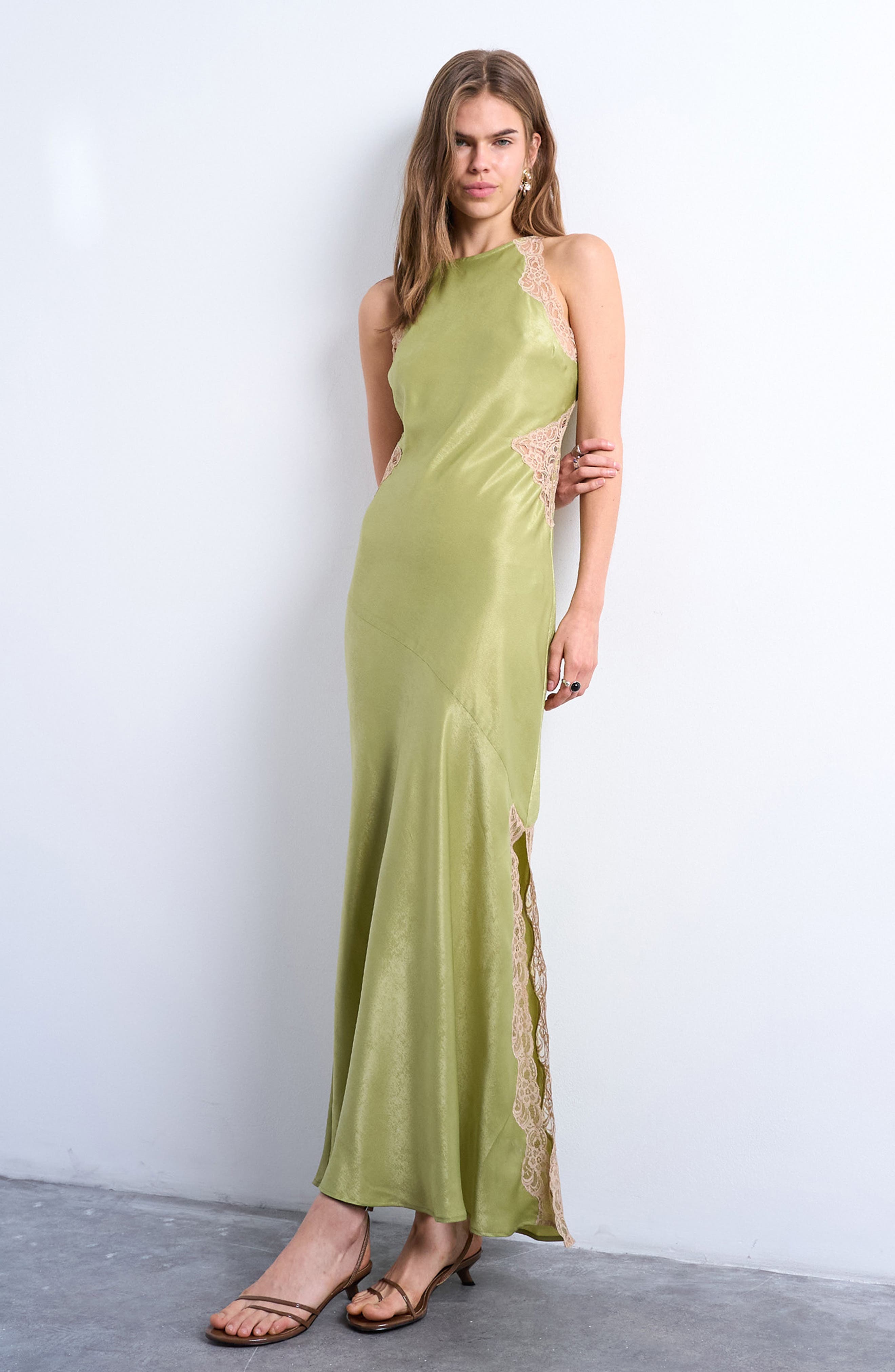 Topshop Lace Inset Sleeveless Satin Midi Dress