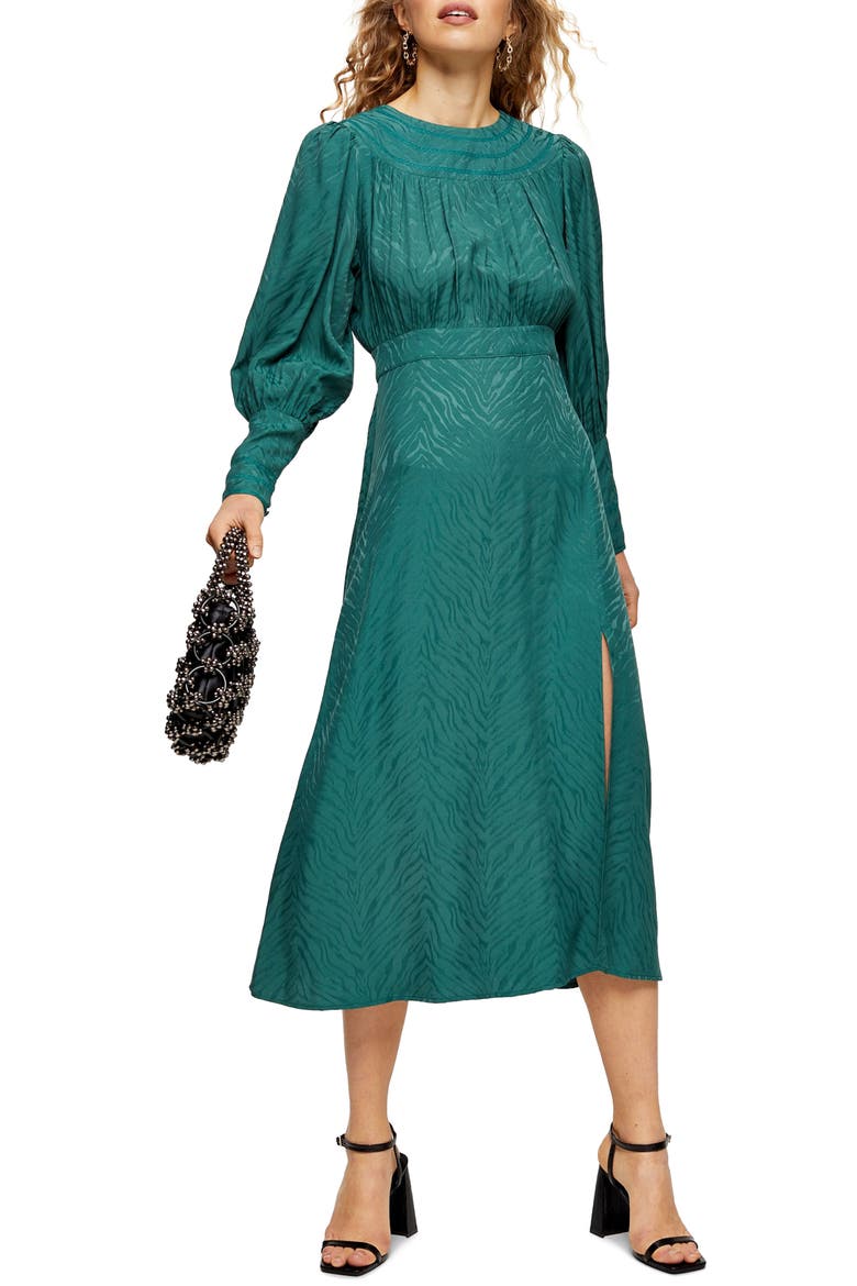 Fallen Long Sleeve Jacquard Midi Dress, Main, color, GREEN