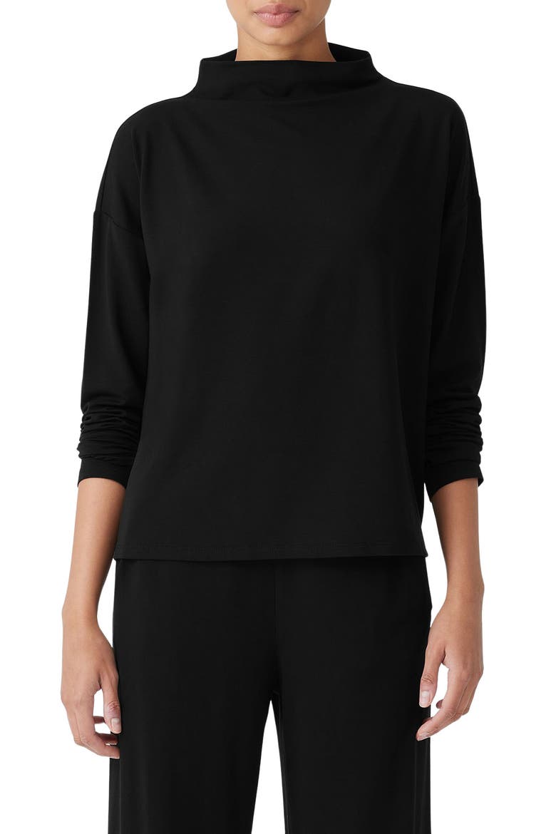 Funnel Neck Long Sleeve Boxy Top, Main, color, BLACK