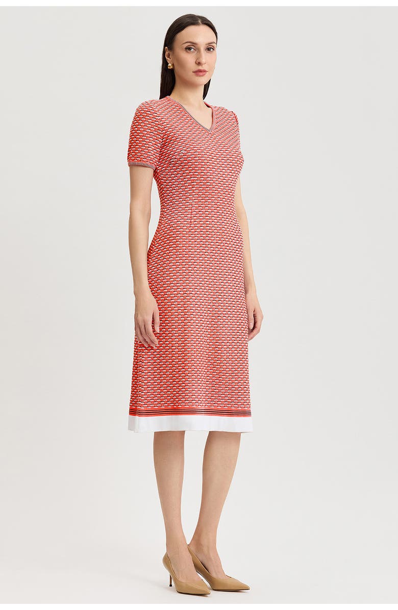 Ming Wang A-Line Textured Multi-Stitch Midi Dress, Alternate, color, Sunkist Coral/White/Indigo