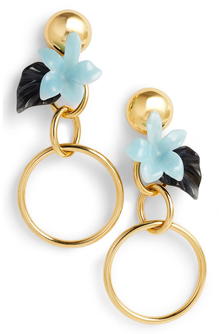 Hibiscus Golden Hoop Drop Earrings, Main, color, SKY BLUE