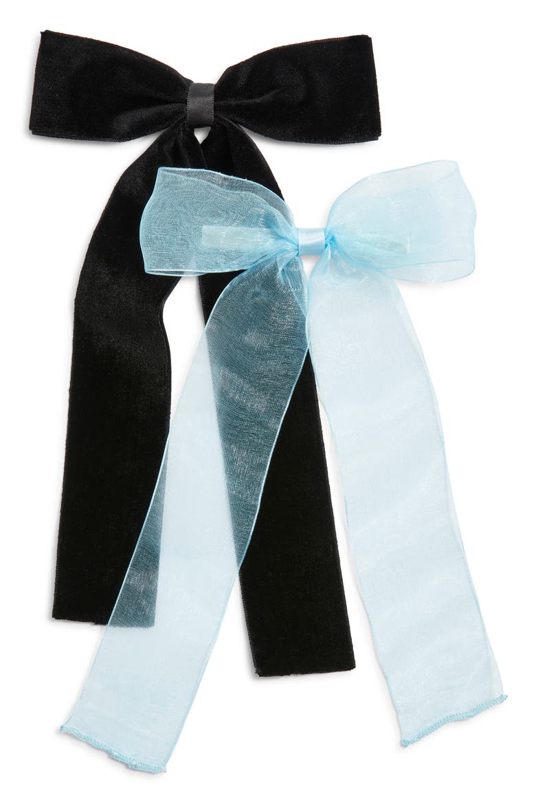 Set of 2 Velvet & Organza Hair Bow Barrettes, Main, color, BLACK- BLUE