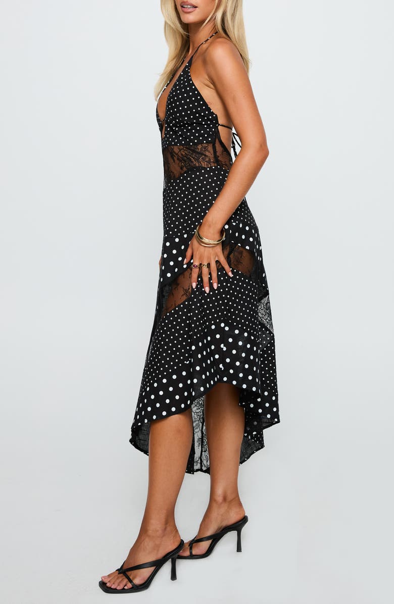 Princess Polly Down with Love Asymmetric Sleeveless Midi Dress, Alternate, color, Black / White Polka