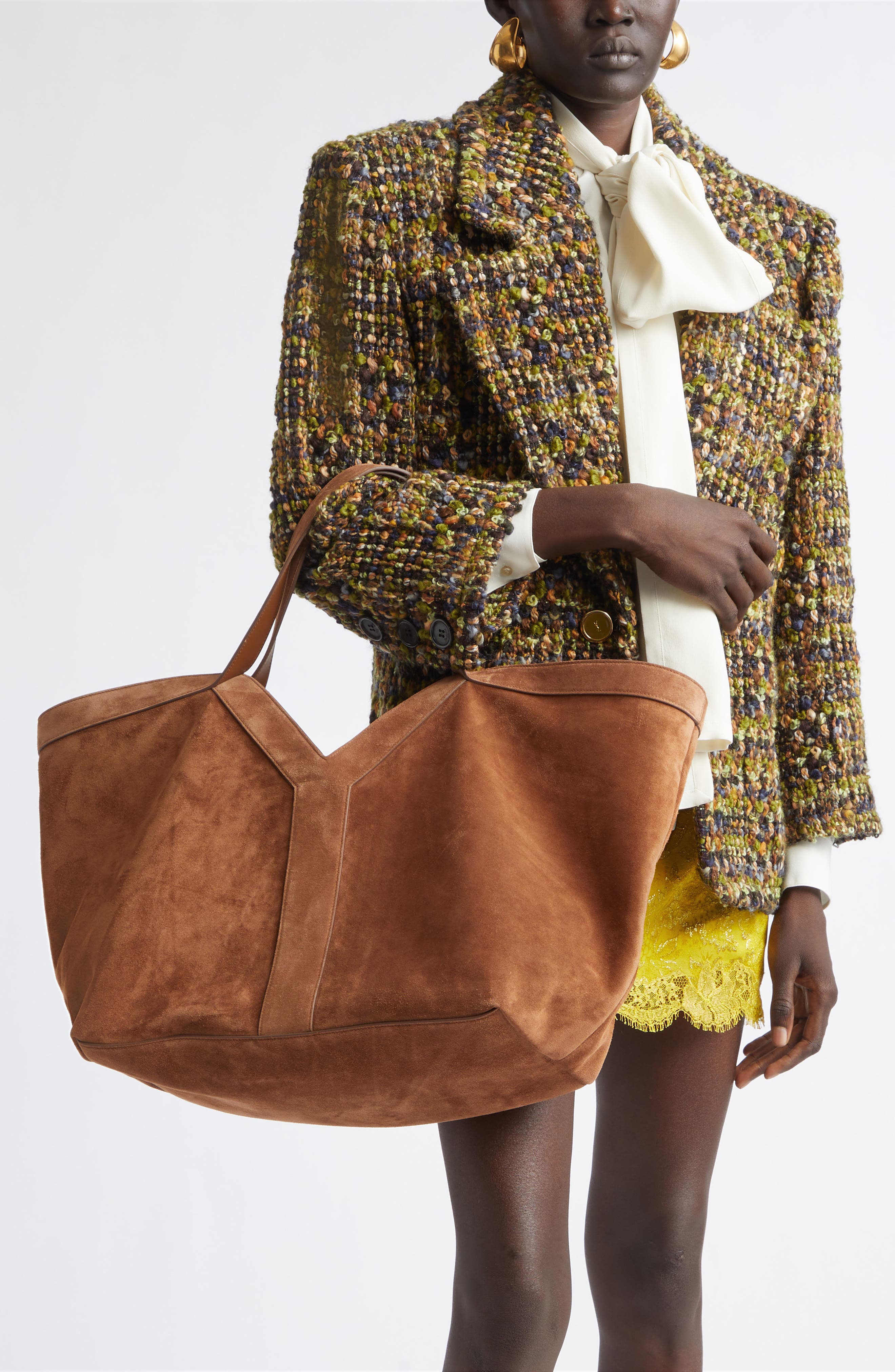 Y Suede Tote, Alternate, color, DARK CARAMEL COGNAC