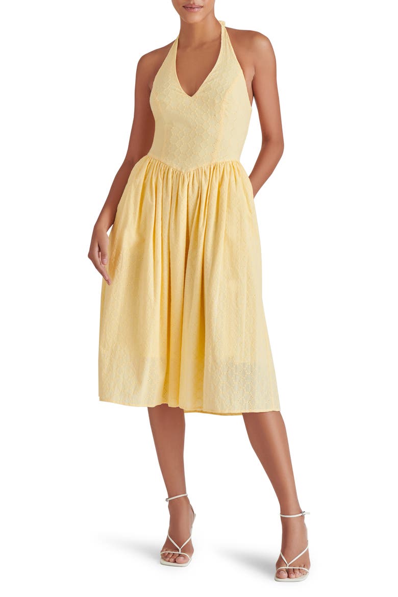 Ressi Eyelet Embroidered Cotton Halter Dress, Main, color, GOLDEN GLOW