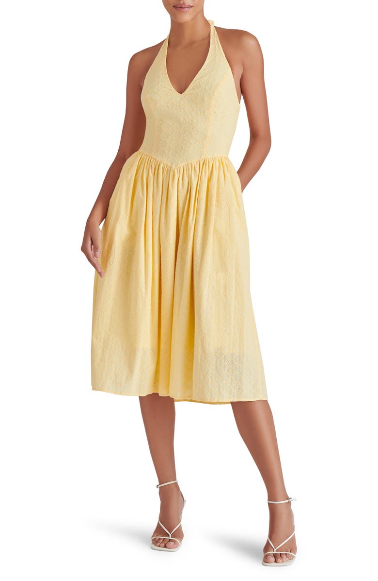 Steve Madden Ressi Eyelet Embroidered Cotton Halter Dress, Main, color, Golden Glow