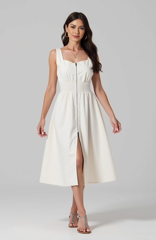 Modenaire Sleeveless Midi Dress With Smocked Waist And Front Zip In White