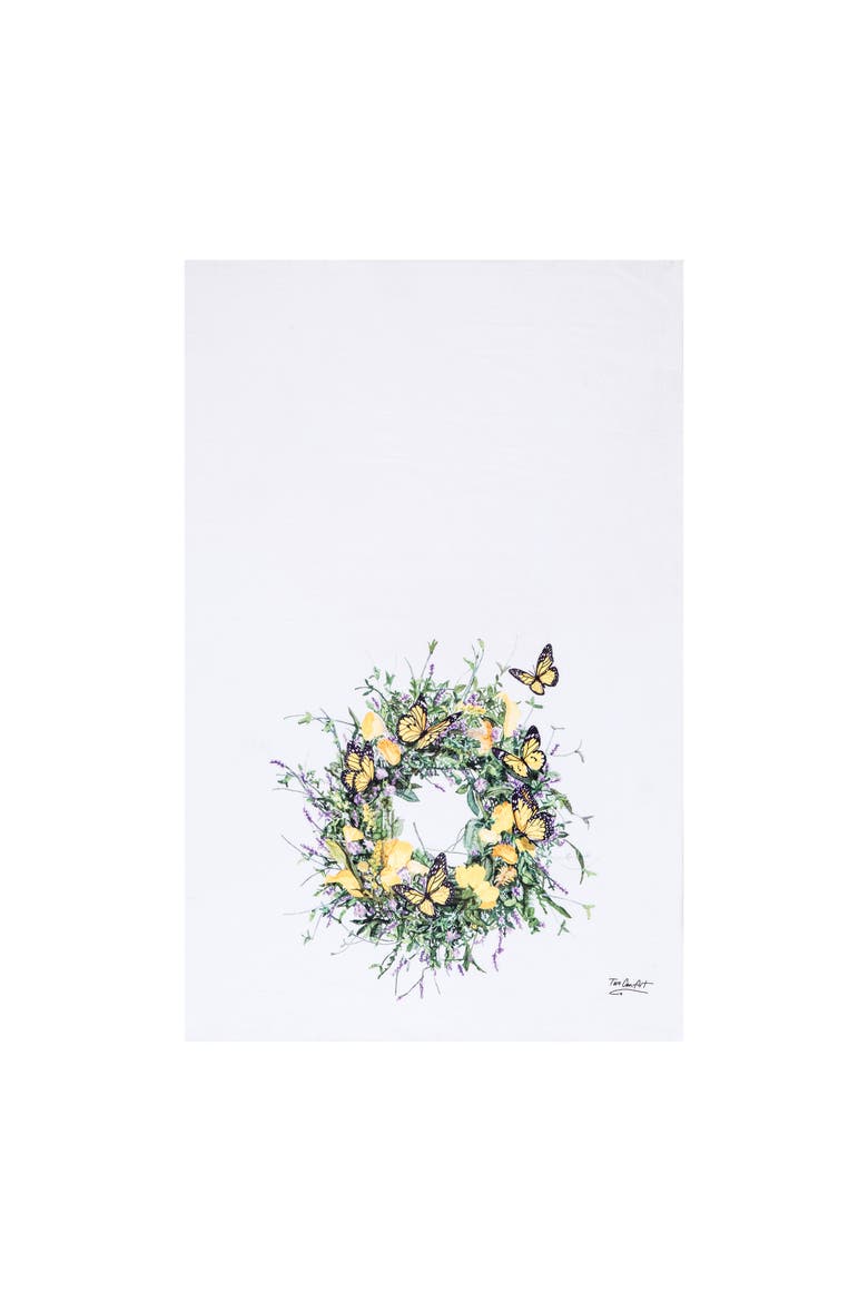 Butterfly Wreath Design Spring Theme Printed Flour Sack Kitchen Dishtowel, Main, color, White