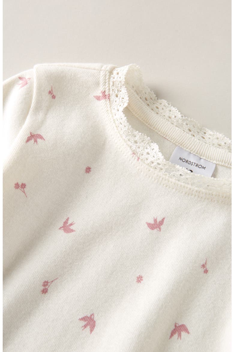 Kids' Lace Trim Print Bodysuit & Pants Set, Alternate, color, IVORY EGRET SPARROWS