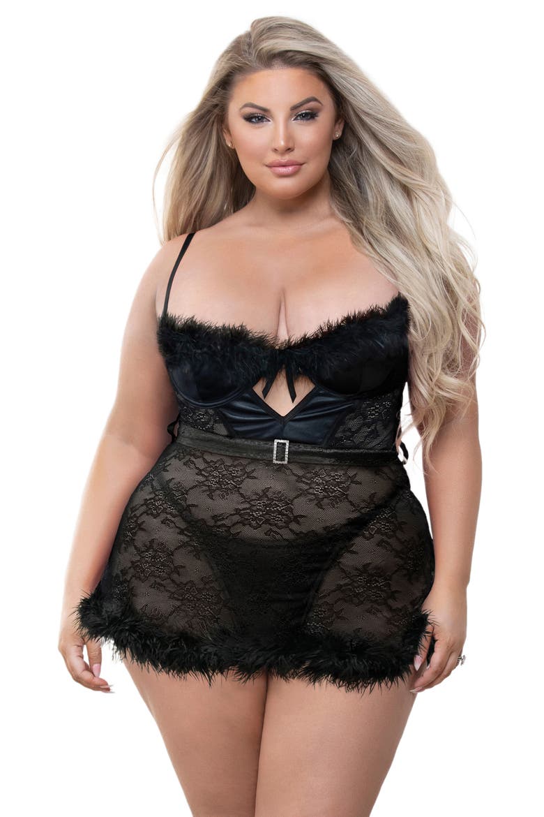Feather Trim Lace Babydoll & G-String Set, Alternate, color, BLACK