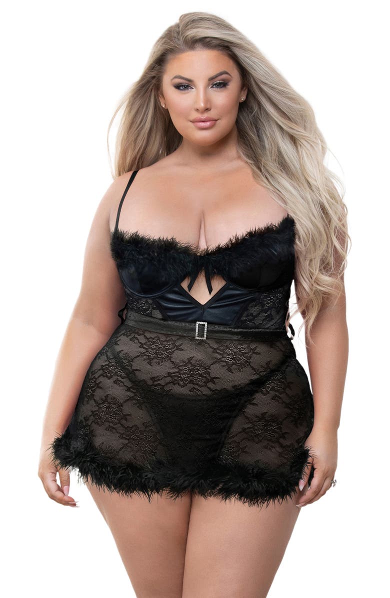 Seven ‘til Midnight Feather Trim Lace Babydoll & G-String Set, Alternate, color, Black
