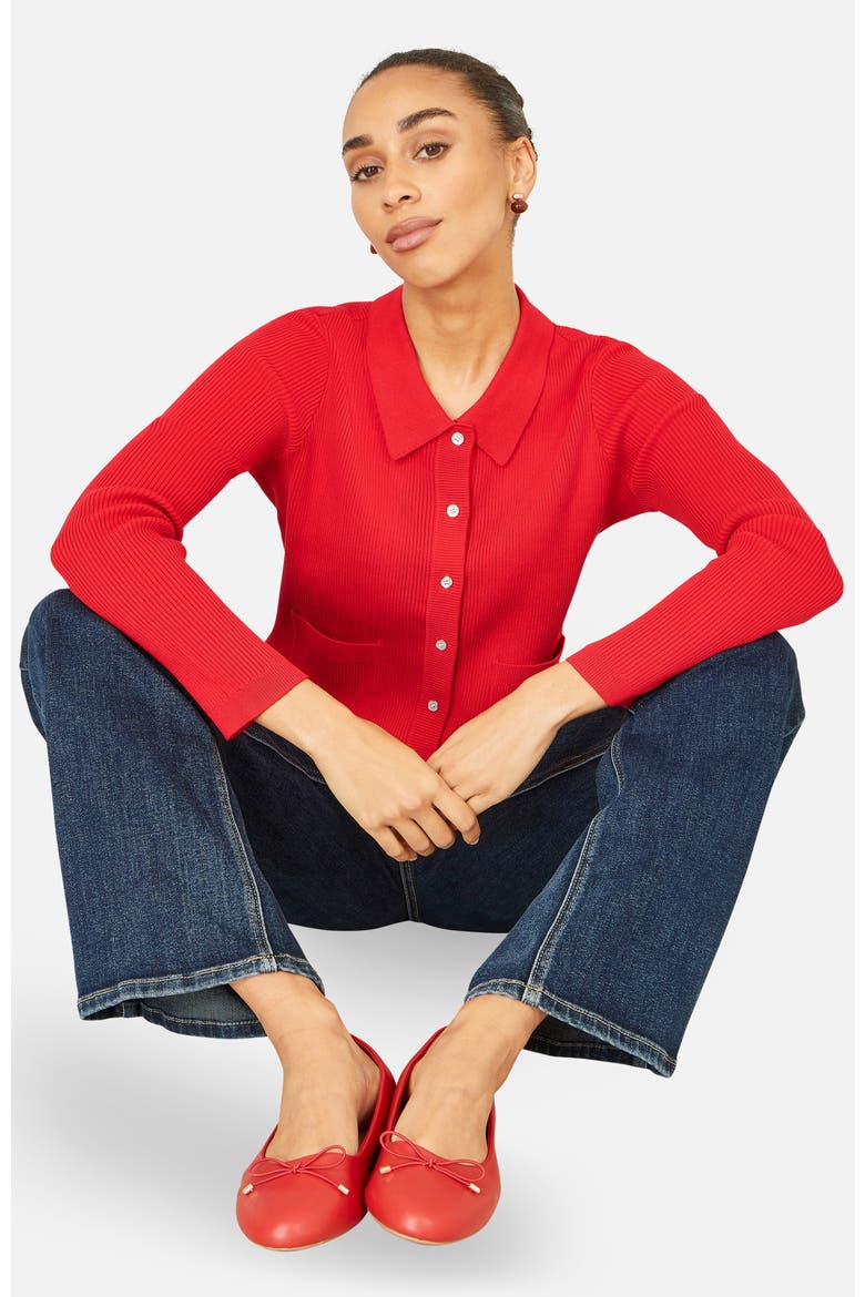 Ribbed Collar Button Up Cardigan, Alternate, color, Red