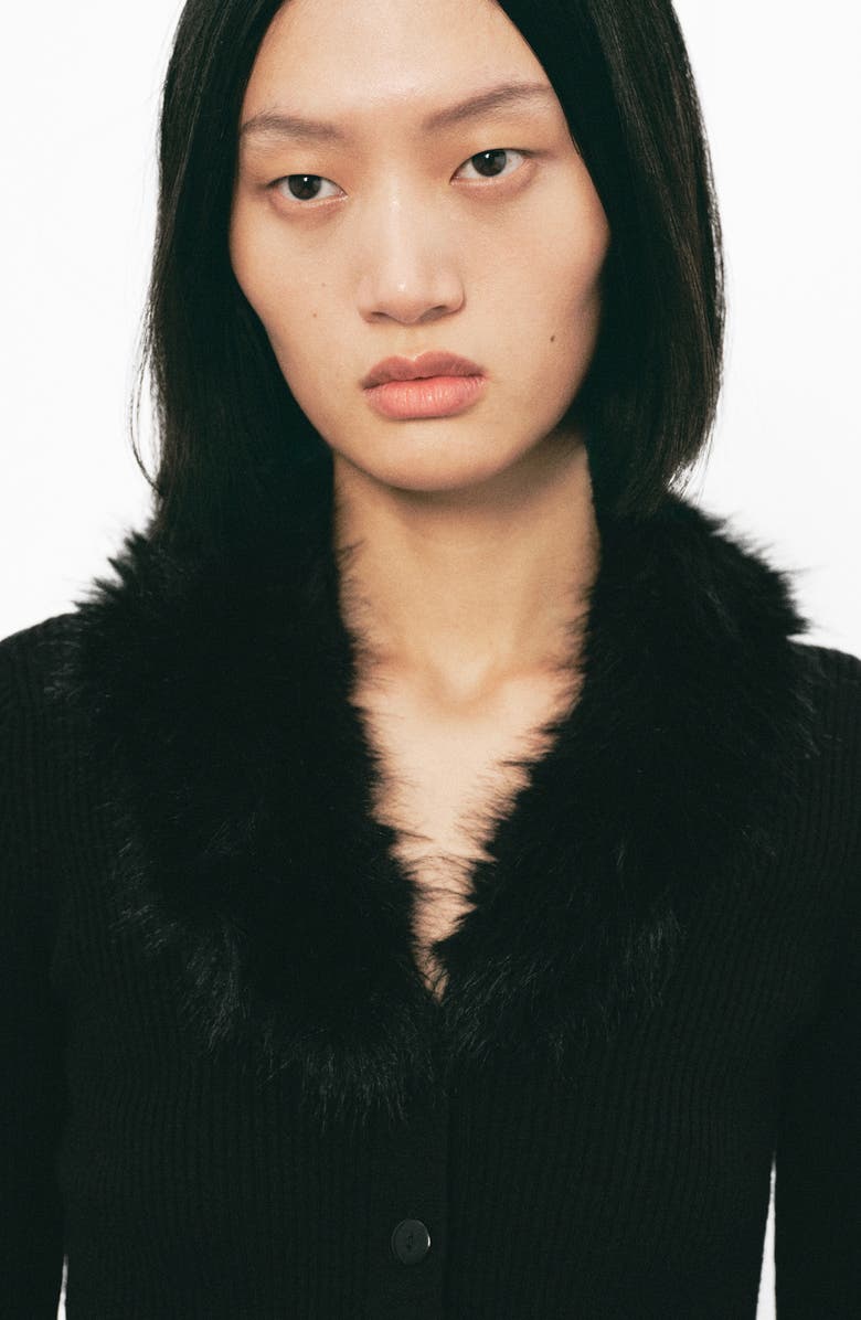 MANGO Faux Fur Collar Cardigan, Alternate, color, Black