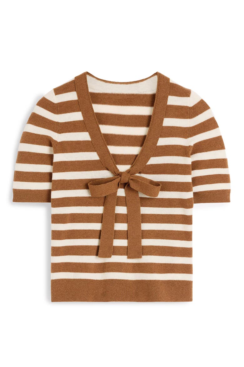 Bow Neck Sweater Knit T-Shirt, Main, color, GINGERBREAD, IVORY STRIPE