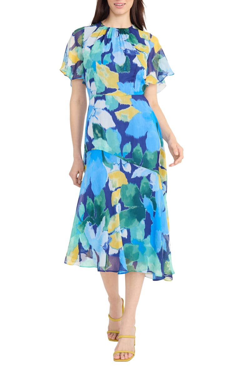 Print Flutter Sleeve Asymmetric Midi Dress, Main, color, NAVY/ CERULIAN BLUE