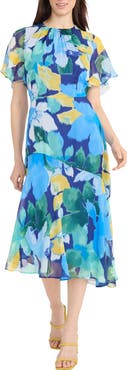 Maggy London Print Flutter Sleeve Asymmetric Midi Dress