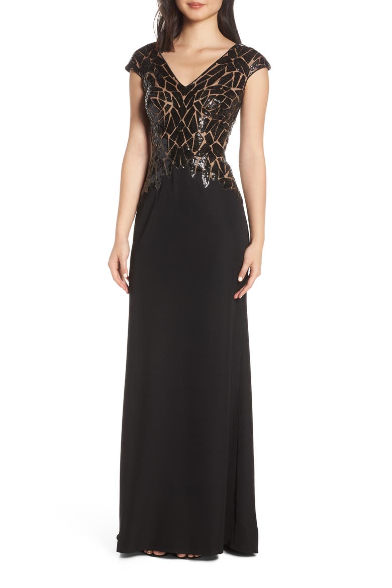 Sequin & Crepe Evening Dress, Main, color, BLACK/ NUDE