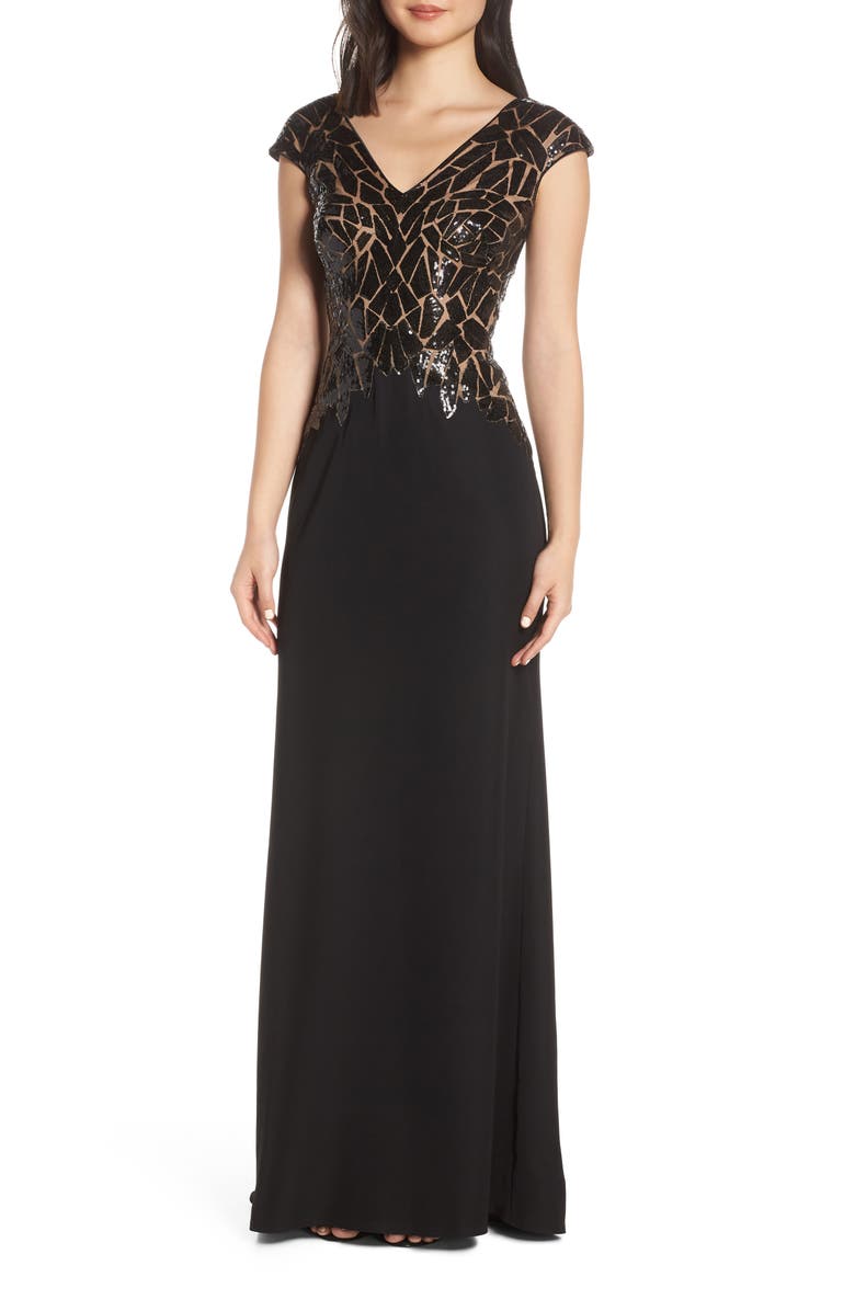 Tadashi Shoji Sequin & Crepe Evening Dress, Main, color,
