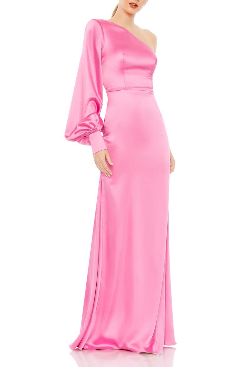 One-Shoulder Long Sleeve Column Gown, Main, color, CANDY PINK