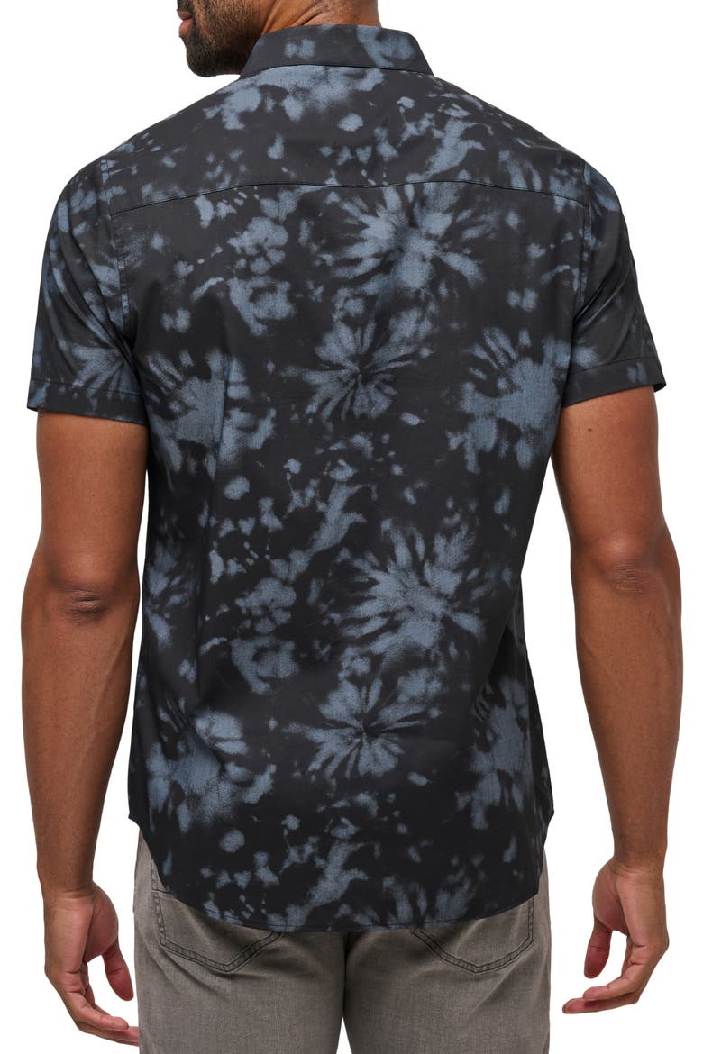 Warmer Tides Tie Dye Short Sleeve Stretch Button-Up Shirt, Alternate, color, BLACK