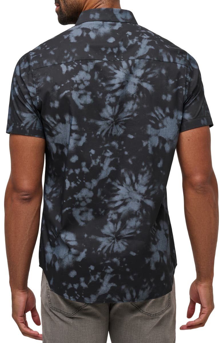 TravisMathew Warmer Tides Tie Dye Short Sleeve Stretch Button-Up Shirt, Alternate, color, Black