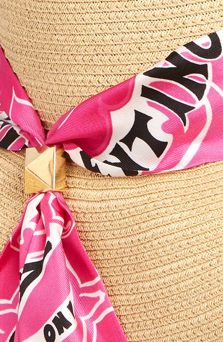 Valentino Garavani Roman Stud Silk Scarf Straw Floppy Hat, Alternate, color, 