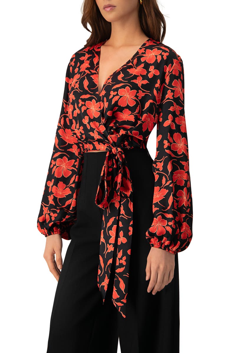 IVONNE Floral Wrap Blouse with Tie Waist, Alternate, color, Red