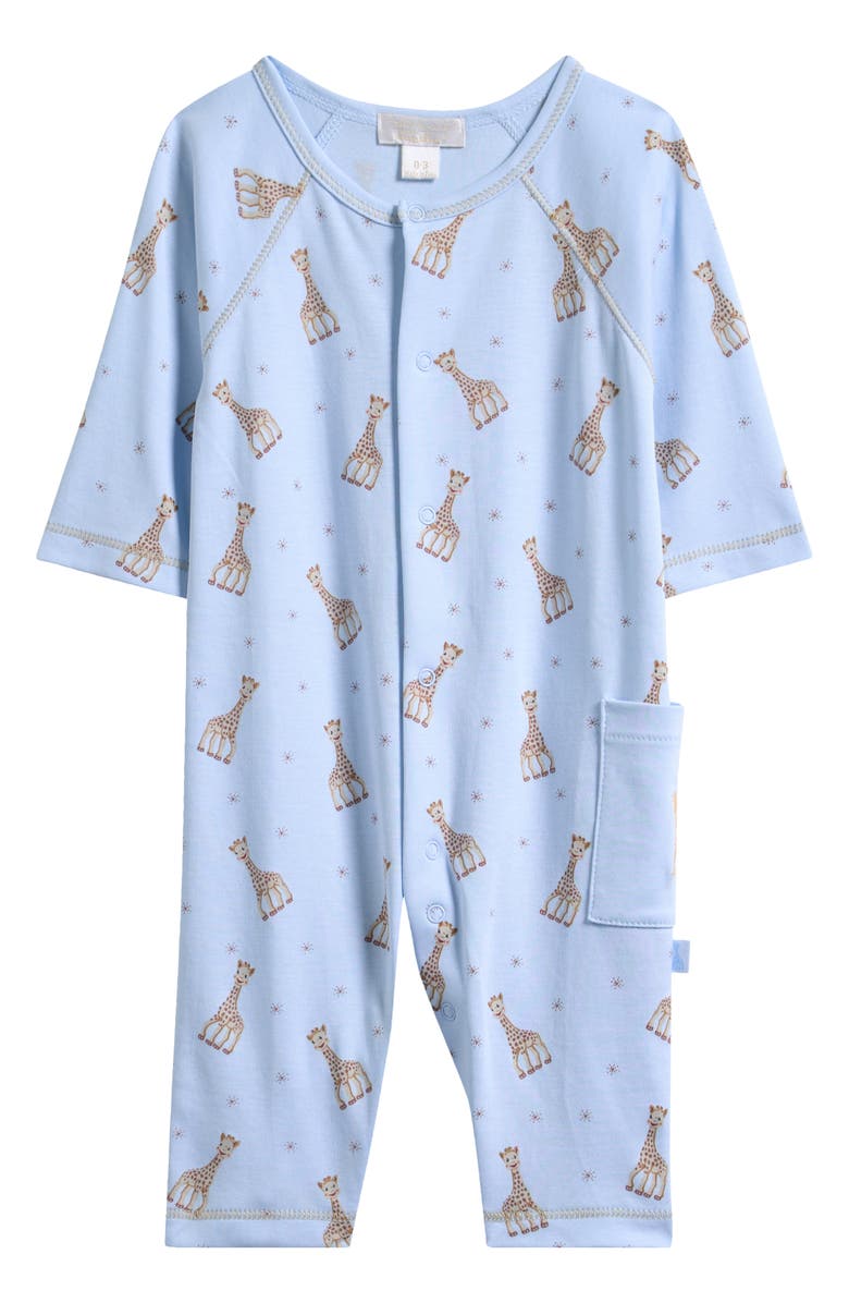 Kissy Kissy Sophie La Giraffe Print Pima Cotton Romper, Main, color, Light Blue