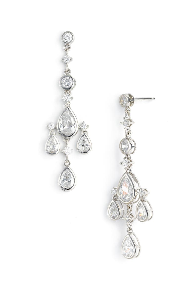 Round & Pear Cubic Zirconia Chandelier Earrings, Main, color, STERLING PLATINUM