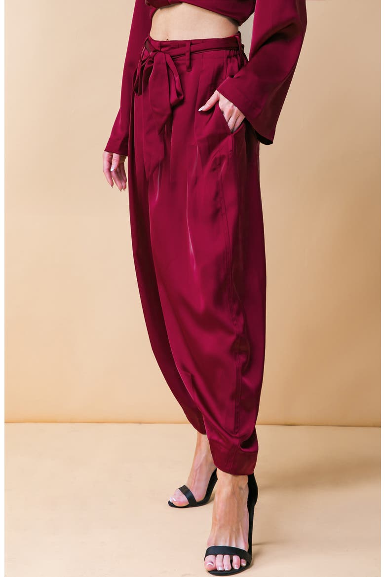 Belted Satin Balloon Pants, Alternate, color, RUBY